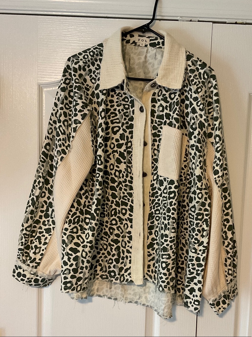 POL Army Green Leopard Print Jean Shirt/Jacket with Cream Knit Trim